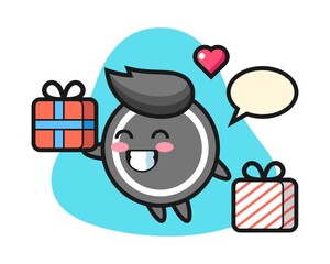 Hockey puck cartoon giving the gift