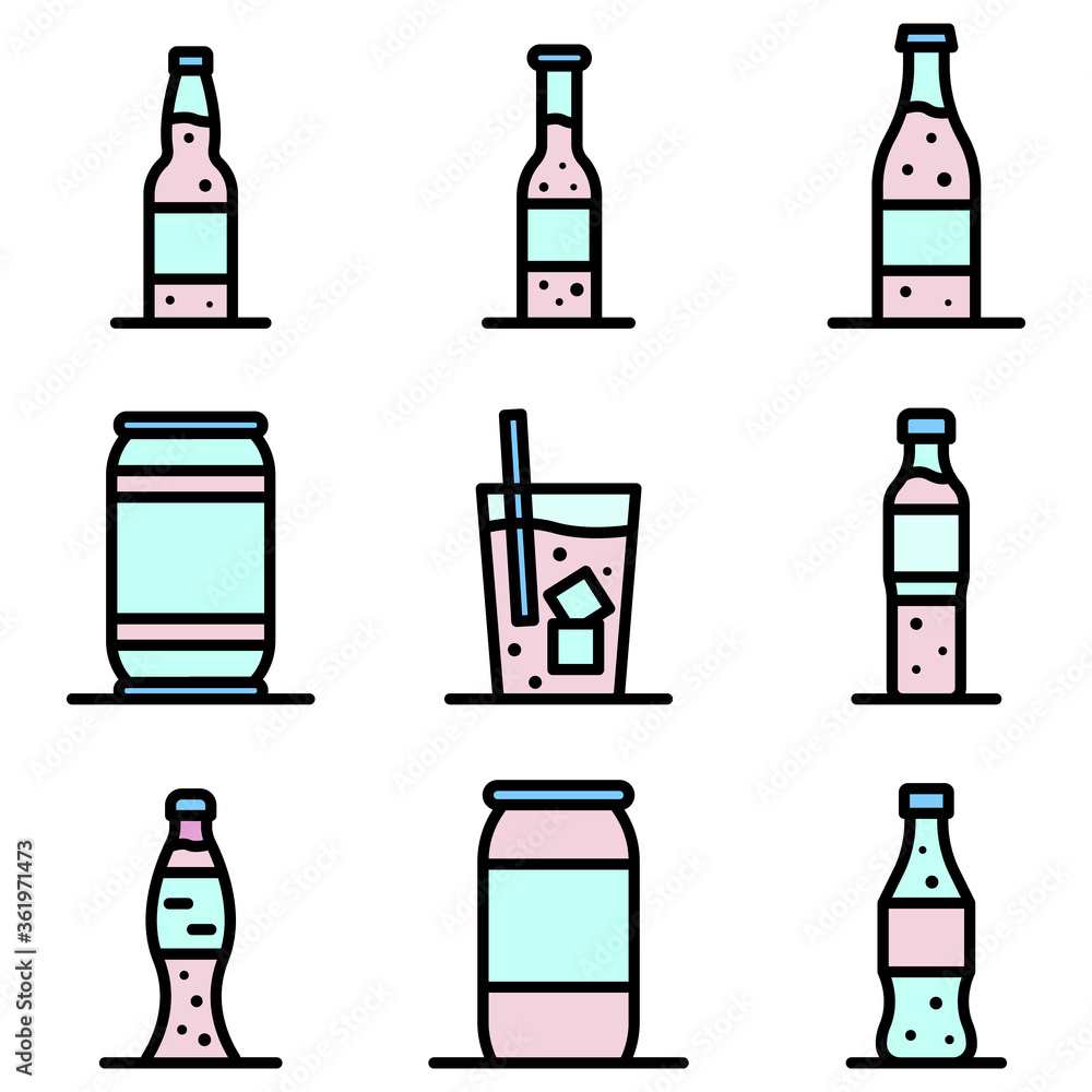 Poster soda icons set. outline set of soda vector icons thin line color flat on white
