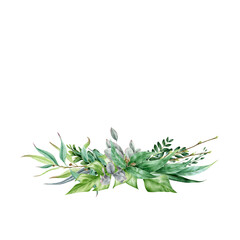 Green leaf bouquet watercolor hand drawn elegant arrangement. Eucalyptus and monstera exotic leaves in decorative bouquet. Lush tropical floral green decor for wedding card on white background