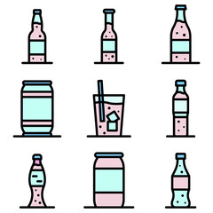 Soda icons set. Outline set of soda vector icons thin line color flat on white