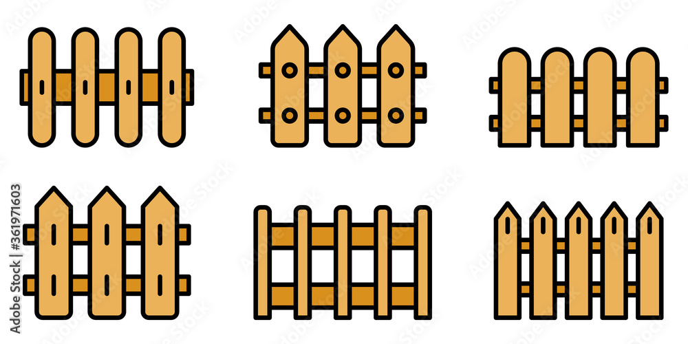 Poster fence icons set. outline set of fence vector icons thin line color flat on white
