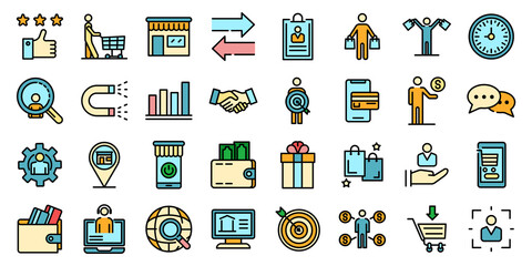 Buyer icons set. Outline set of buyer vector icons thin line color flat on white