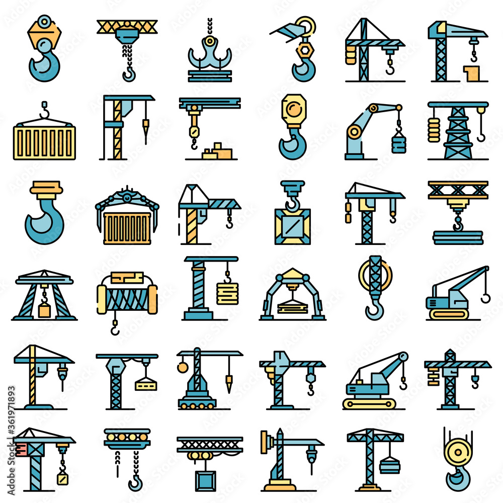 Poster crane icons set. outline set of crane vector icons thin line color flat on white