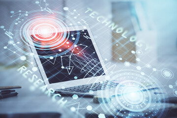 Technology theme drawing and work space with computer. Multi exposure. Concept of innovation.