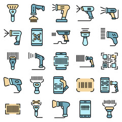 Barcode scanner icons set. Outline set of barcode scanner vector icons thin line color flat on white