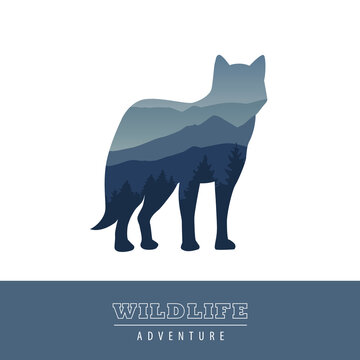wildlife wolf blue forest landscape silhouette vector illustration EPS10