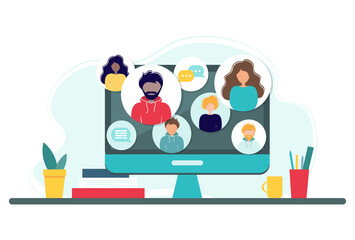 Online meeting via group call. Home office concept with computer, books and cup. Group of people doing video conference. Vector illustration in flat style. Stay at home. Self-isolation