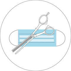hairdressing scissors and blue medical mask