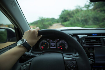 Driving off road car in the nature