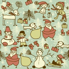 seamless xmas pattern with santa and children playing