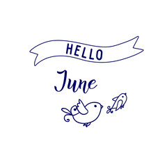 Original hand lettering Hello June and seasonal symbol little birds.