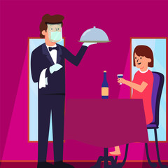 Butler is serving order for woman customer while keep using face shield