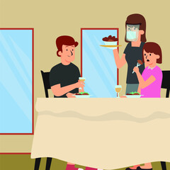 Waiter is serving order for customers while keep using face shield
