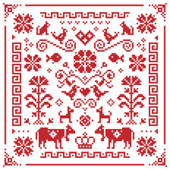 Fototapeta na wymiar Retro Austrian and German cross-stitch vector floral pattern, symmetric emrboidery tile design with birds, dogs, cows, hearts and flowers 
