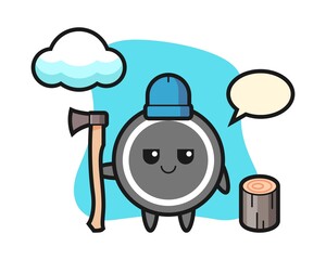 Hockey puck cartoon as a woodcutter