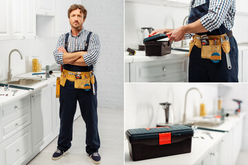Collage of handsome plumber looking at camera and opening toolbox in kitchen