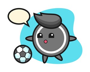 Hockey puck cartoon is playing soccer