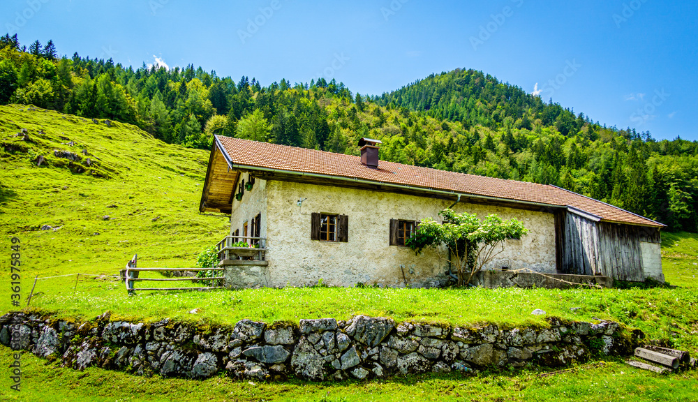 Poster old farmhouse at the european alps