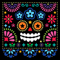 Mexican folk art vector folk art design with sugar skull and flowers, Halloween and Day of the Dead colorful pattern on black background - greeting card
 