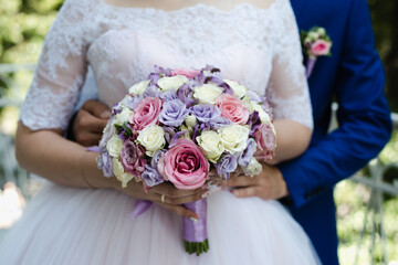 the bride's bouquet, bride and groom, bouquet of roses