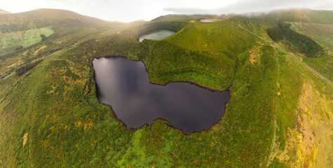 Aerial view of Lagoa Negra and Lagoa Comprida on the Azores island of Flores
