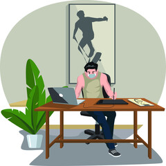 A man doing his designer work at home while keep using medical mask