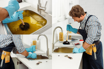 Collage of handsome plumber cleaning kitchen sink with plunger