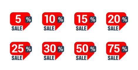 Sale tag set in dialog box (message bubble) form with arrow down and different percentage - 5, 10, 15, 20, 25, 30 50 and 75 - vector elements