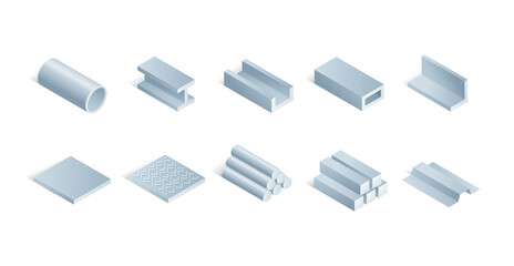 Rolled metal metallurgical steel products  - set of isometric icons for industry and metallurgy
