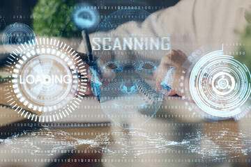 Double exposure of woman's hands on background with technology and digital coding icons. Data...