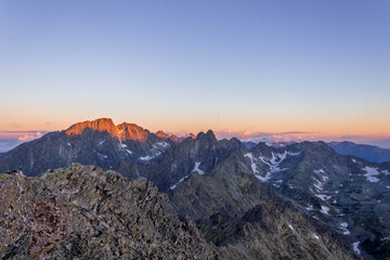 Fototapeta na wymiar Landscape of high rocky mountains before the sunrise. High Tatras.