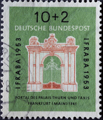  the postage stamp printed in Germany shows the portal of the Palais Thurn und Taxis Frankfurt...