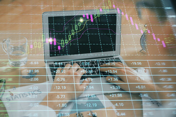 Multi exposure of market chart with man working on computer on background. Concept of financial analysis.