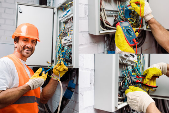 Collage of smiling electrician fixing electric panel and checking voltage with multimeter