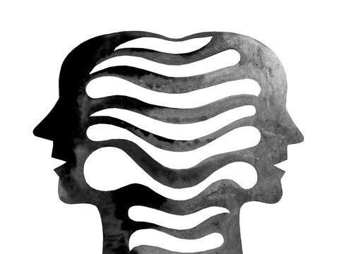 Disegno grafico bianco e nero telepatia, comunicazione con pensiero