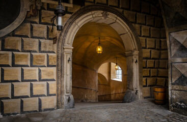 Fototapeta na wymiar Cesky Krumlov , Czech Republic. Tunnel of the old medieval castle. UNESCO World Heritage Site. One of the famous sights in the country. Top landmark