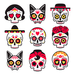 Cute childish sugar skulls set for Dia de los Muertos party. Collection for a garland. Vector flat design isolated on white.
- 361979823