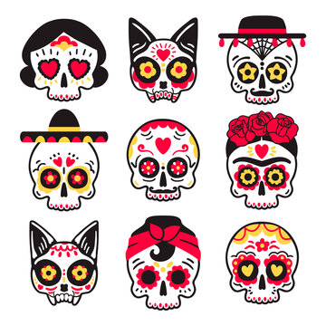 Cute childish sugar skulls set for Dia de los Muertos party. Collection for a garland. Vector flat design isolated on white.
