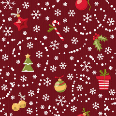 Christmas toys and other traditional decorations seamless pattern. Cartoon vector style.
