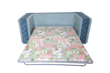 single blue fabric sofa with colorful extended mattress for sleeping isolated on white background, front view. modern soft couch. furniture, interior, home design