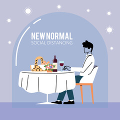 Social distancing and man at table vector design