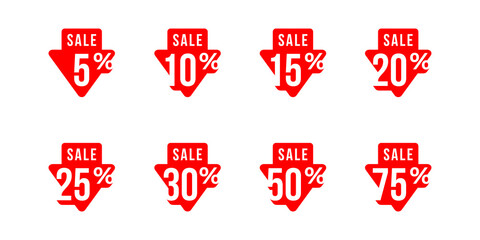 Sale tag set in arrow down form with arrow down and different percentage - 5, 10, 15, 20, 25, 30 50 and 75 - vector elements