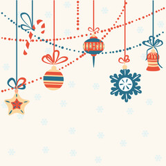 Christmas card tempalte with garlands and toys. Vintage style vector illustration on beige background.
