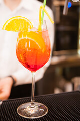 the waiter serves cocktail in the bar refreshing drink with lemon and orange