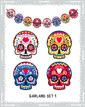 Classic sugar skulls collection for Dia de los Muertos party bunting. Vector set of cartoon bright skulls isolated on white.
