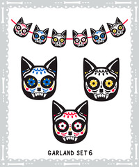 Cat sugar skulls set for Day of the Dead celebration home decoration. Collection for garland or print.

