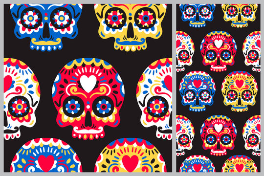Dia de los muertos seamless vector pattern. Classic sugar skulls with doodles on the dark background. Day of the dead background.
