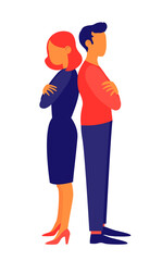 A man and a woman are standing back to back. Vector flat illustration.
