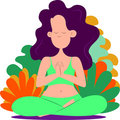 Obraz na płótnie Canvas A woman doing meditation yoga at home colorful illustration