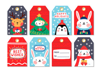 Collection of 8 christmas gift tags with cute winter animals. Vector cartoon style design.
